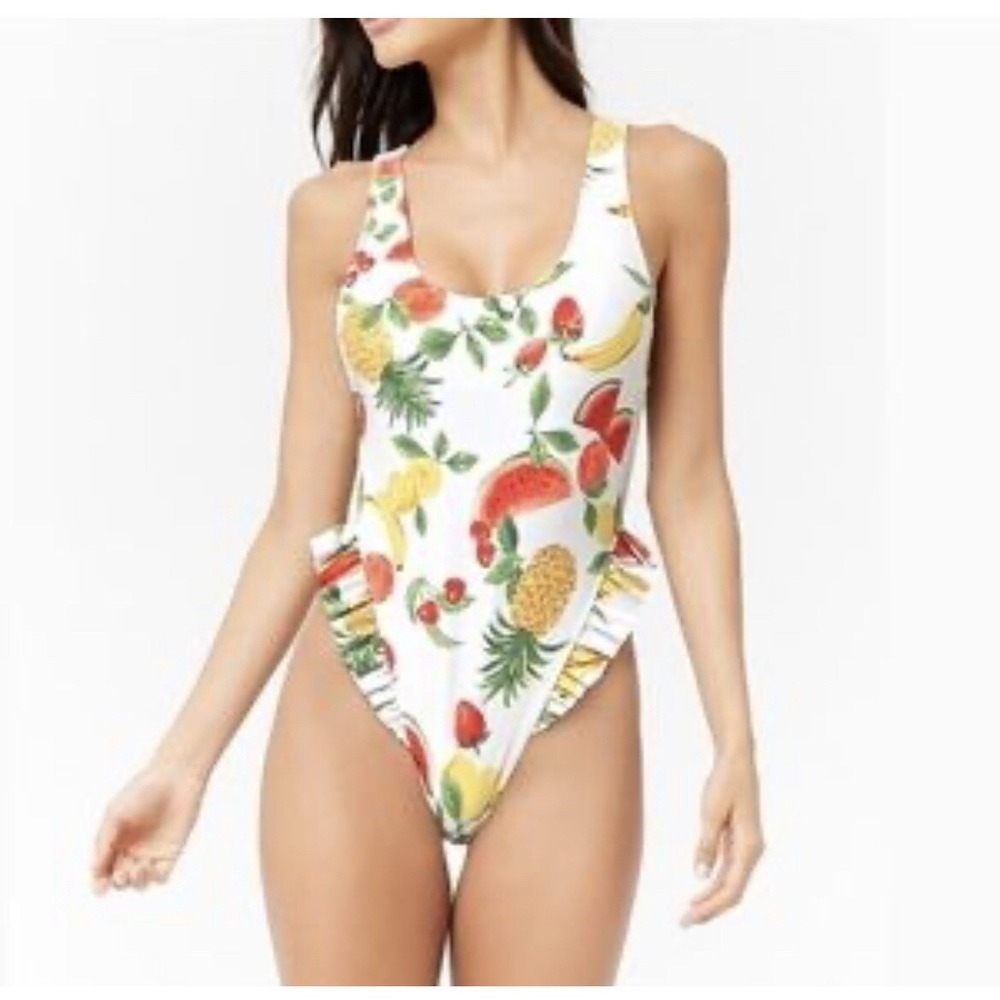 Forever 21 Fruit Print One-Piece Swimsuit Ruffle Size‎ Large